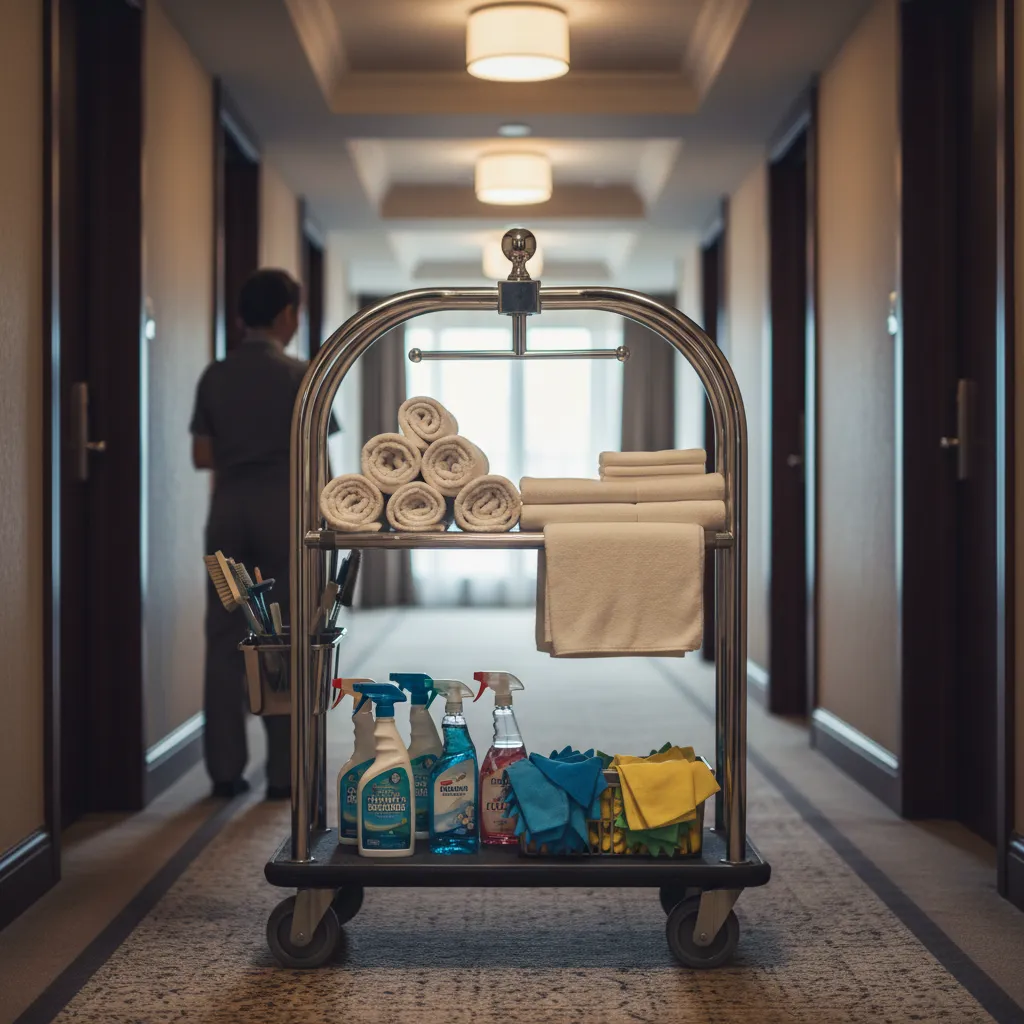 Organized hotel housekeeping cart with cleaning supplies and linens
