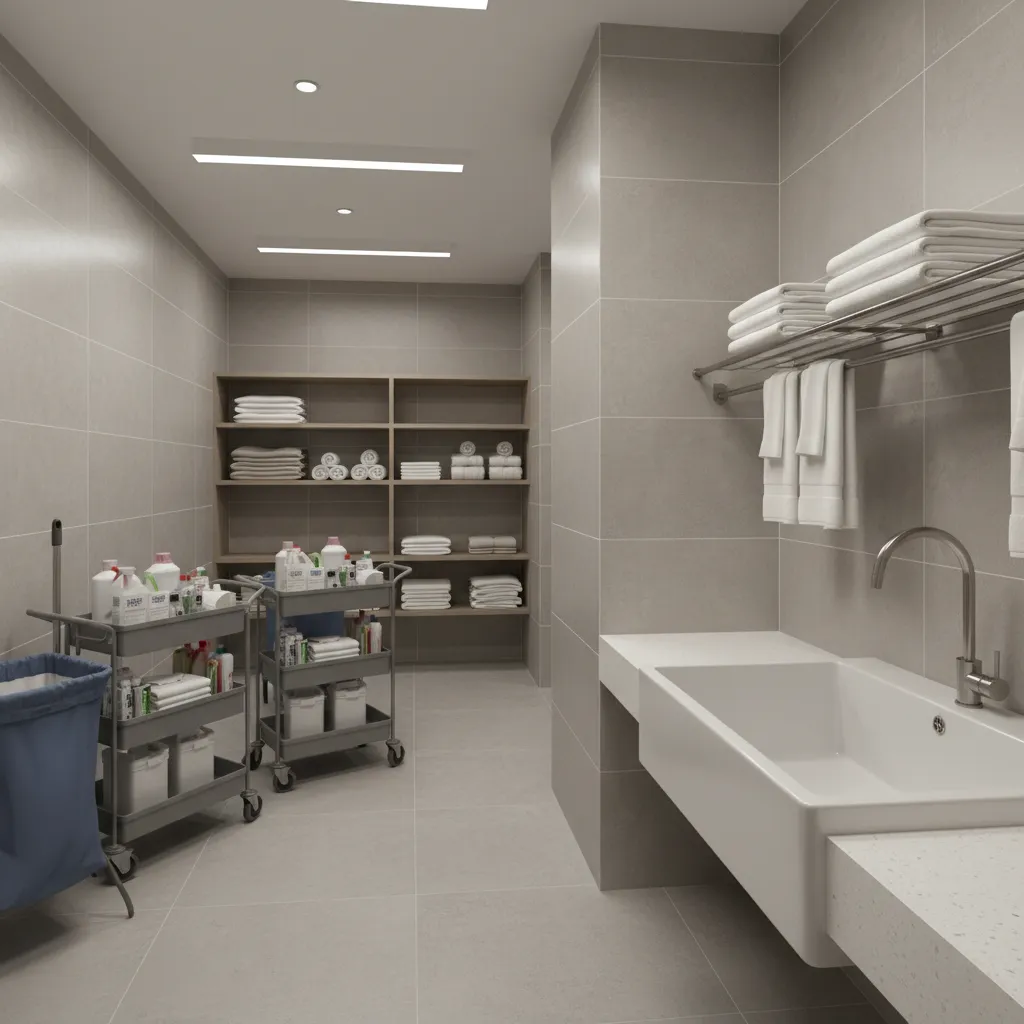 ceramic utility sink in hotel housekeeping laundry room