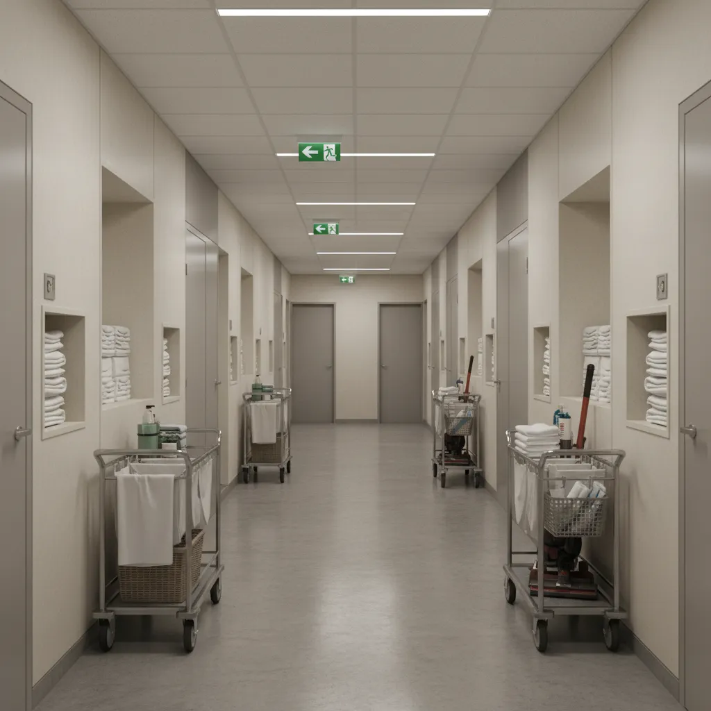 Back of house service corridor used by hotel housekeeping staff