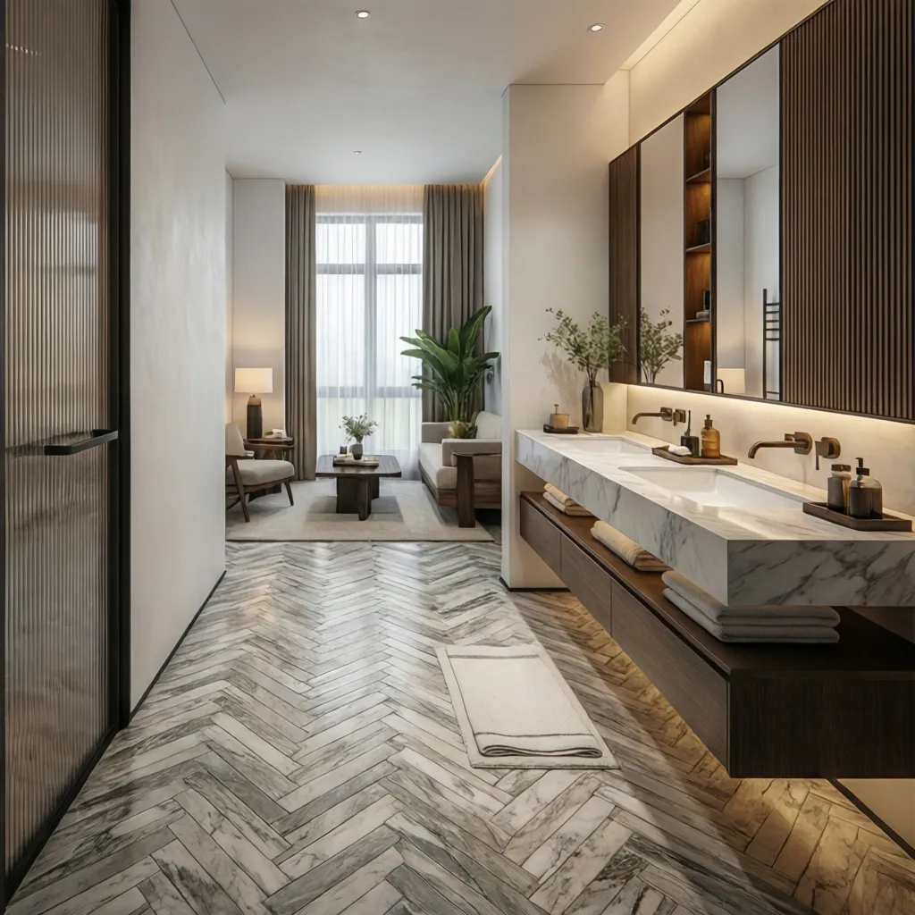 Residential bathroom inspired by luxury hotel design with basket weave tile flooring
