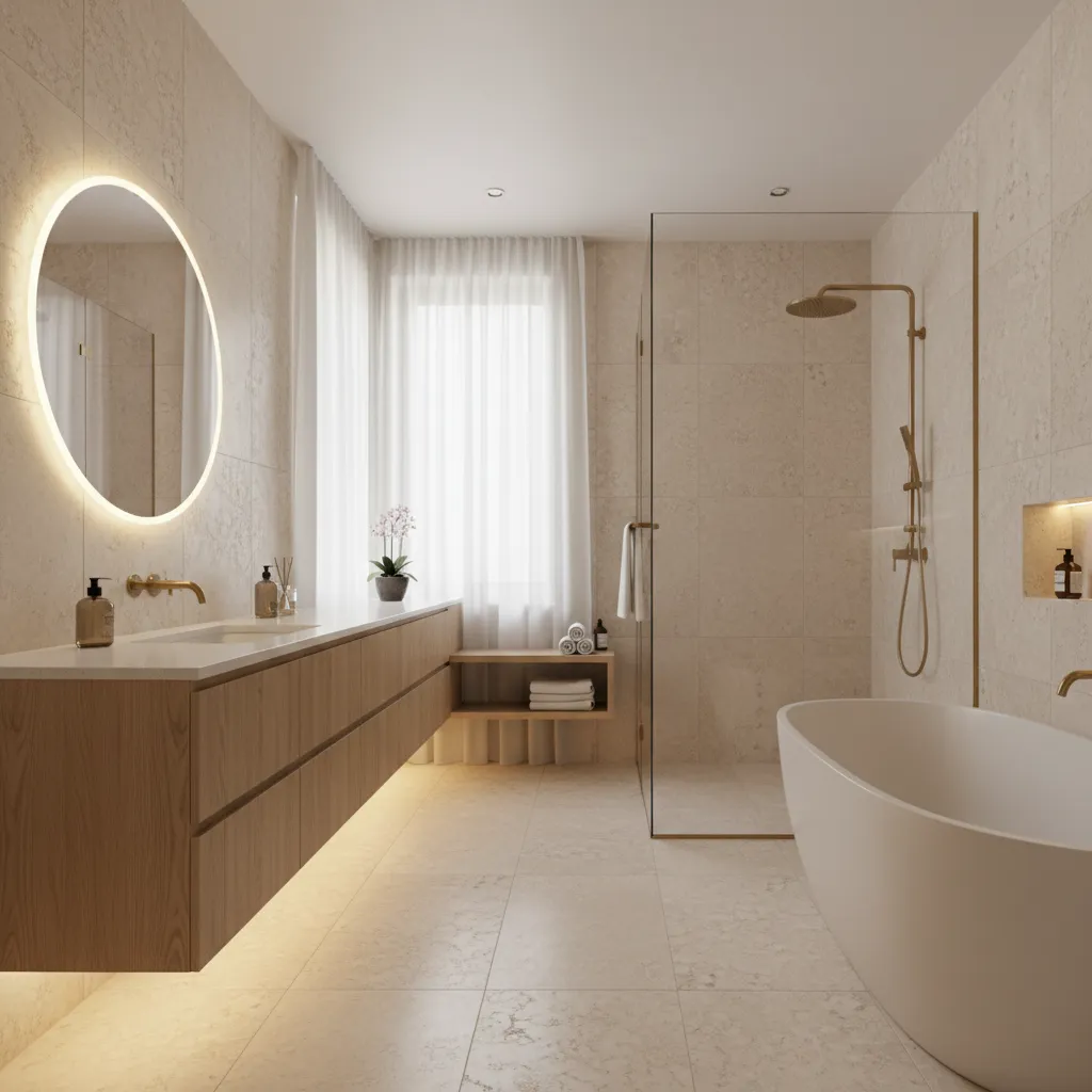 Residential bathroom inspired by luxury hotel design with glass shower and floating vanity