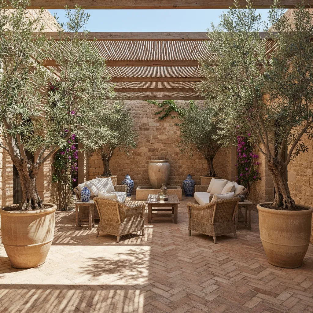 Patio interior de hotel mediterráneo con vegetación y luz natural