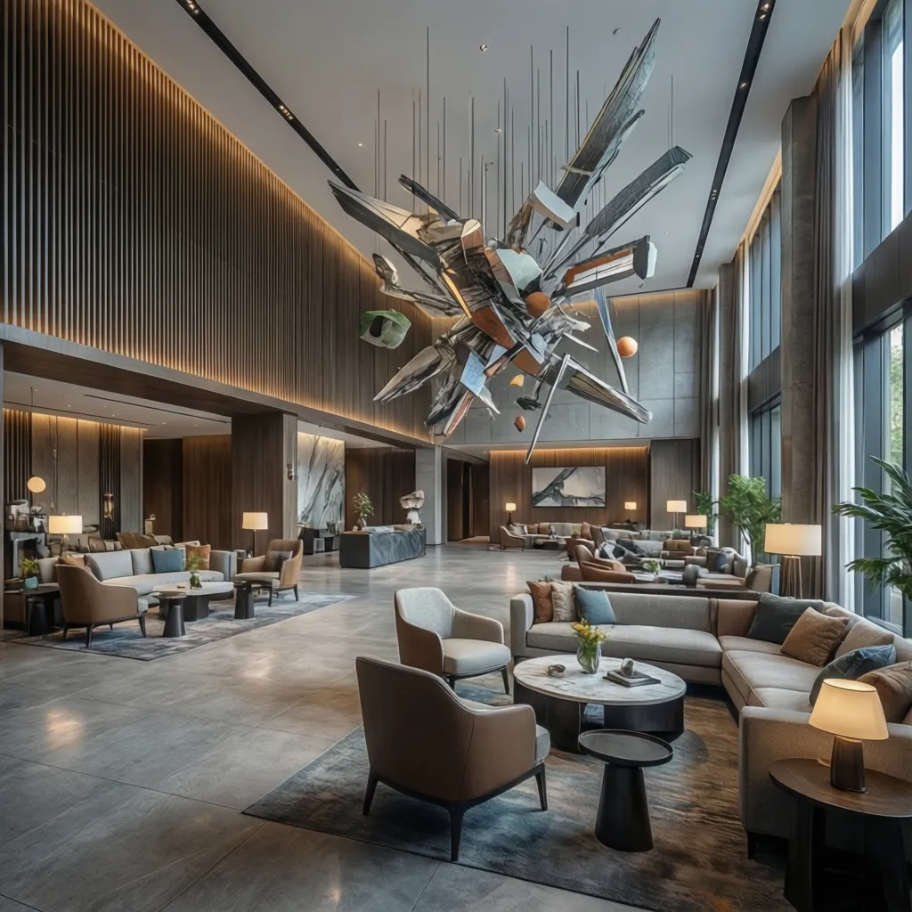 Visualización 3D de diseño interior de hotel antes de construcción