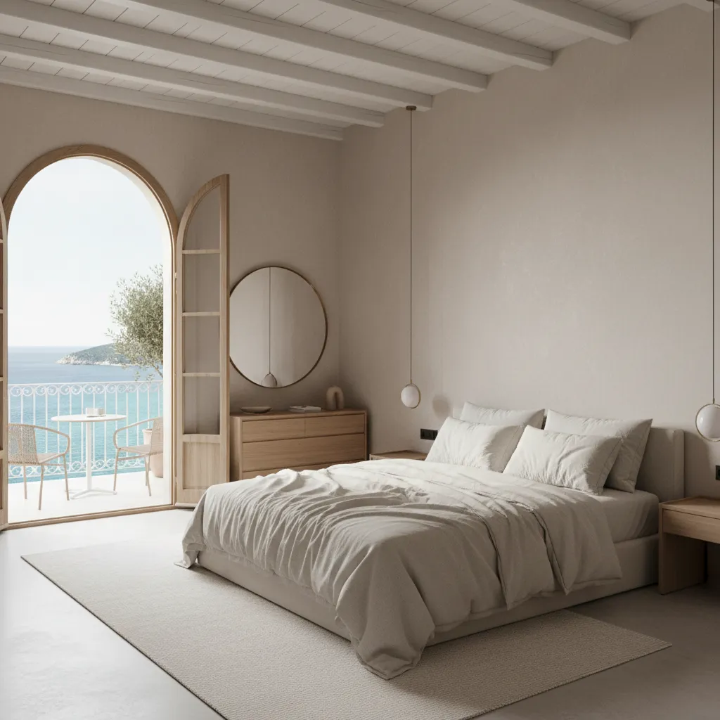 Render 3D realista de habitación de hotel con diseño mediterráneo moderno