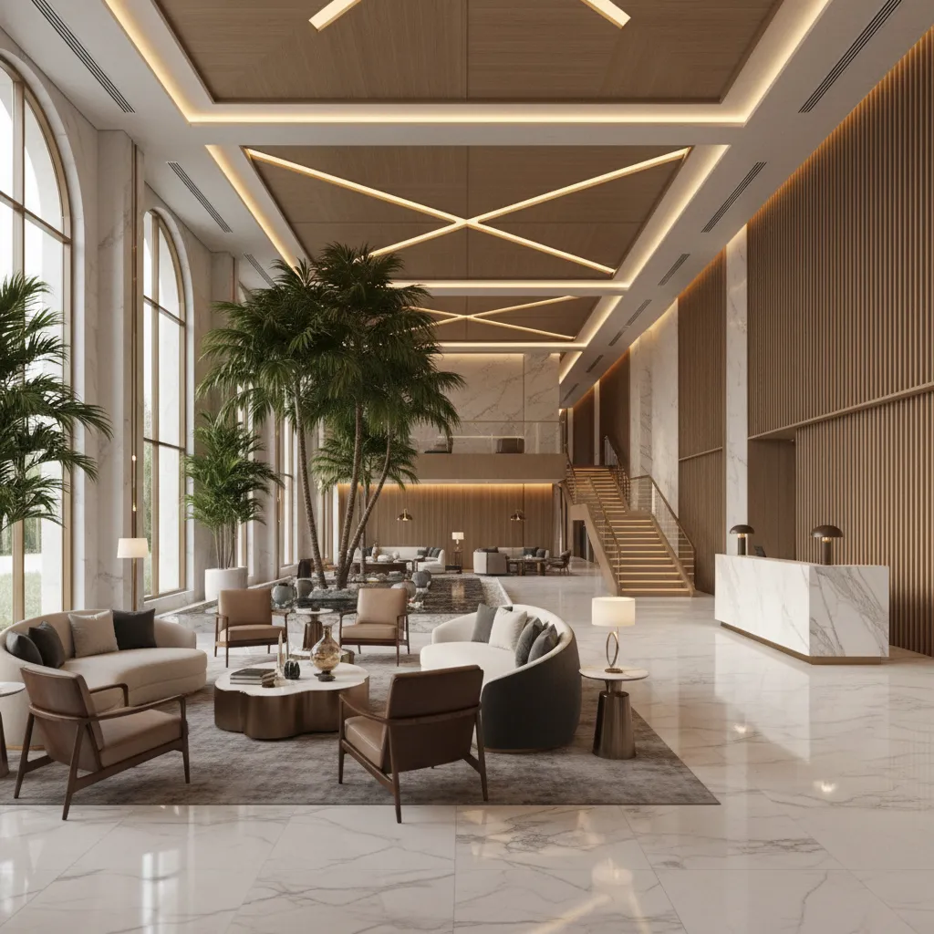 Luxury hotel lobby with marble reception desk, palm trees, sofas, wood walls, and ceiling light