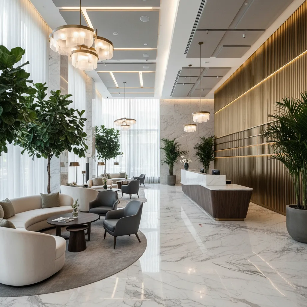Large hotel lobby with white sofas, grey chairs, marble floor, gold wall panels, and trees