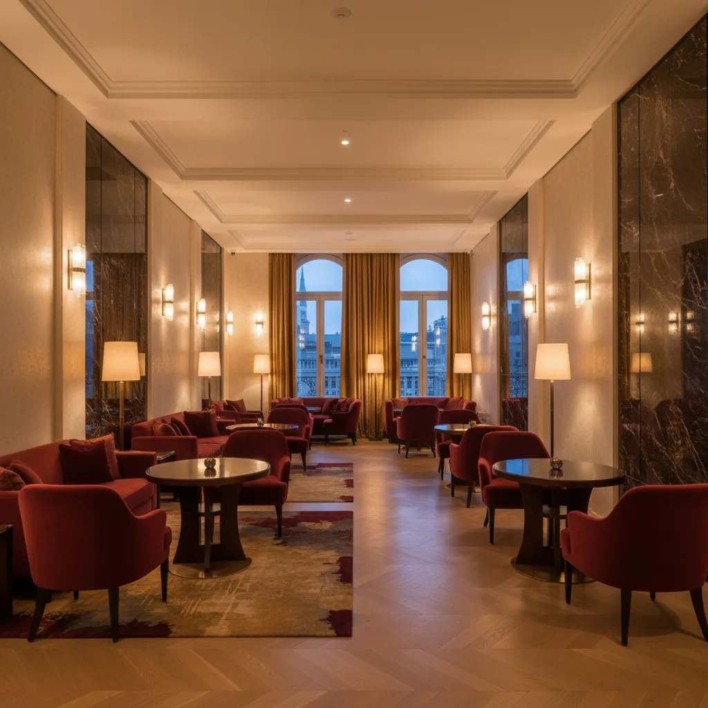 Interior de hotel elegante con iluminación ambiental y diseño sofisticado