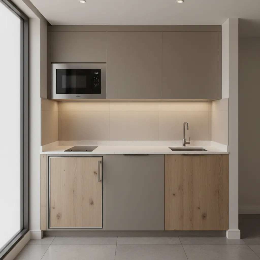 Hotel kitchenette appliances including cooktop microwave and refrigerator