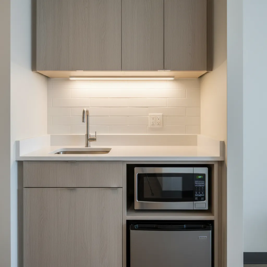 Compact hotel kitchenette with microwave fridge and sink