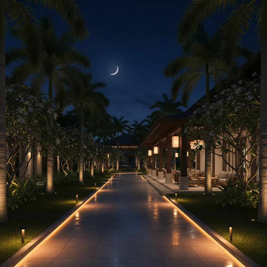 Luxury resort walkway with warm amber landscape lighting designed to reduce insects