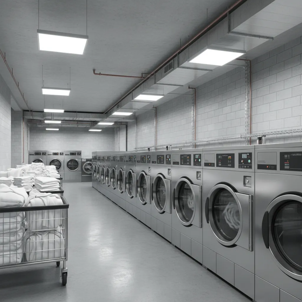 Hotel laundry room with rows of industrial washing machines processing linens