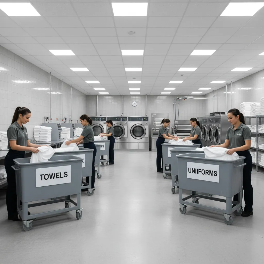 hotel laundry staff sorting linens into labeled carts