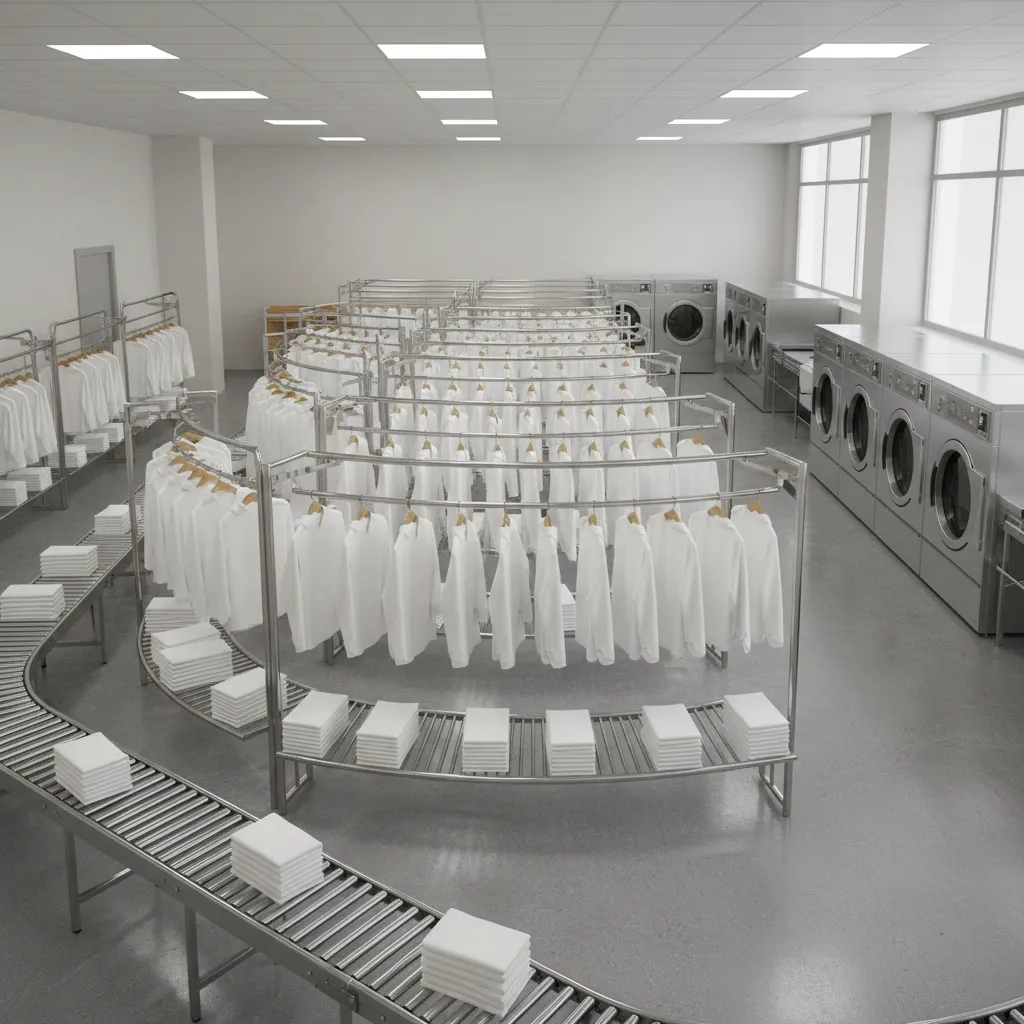 Hospitality laundry workflow area with hanging rods near ironing stations