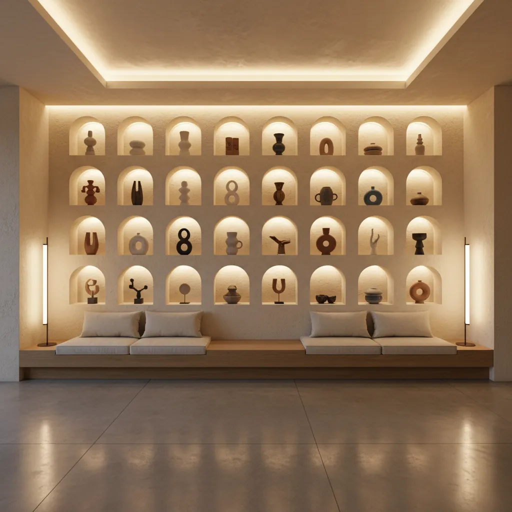 Boutique hotel lobby wall with illuminated half arch niches displaying art