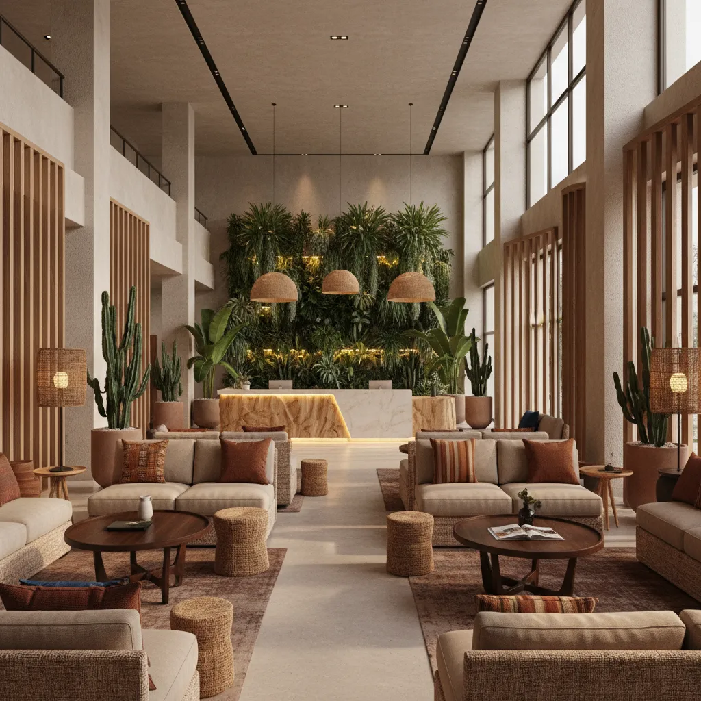 Lobby amplio de hotel con zonas de descanso y coworking