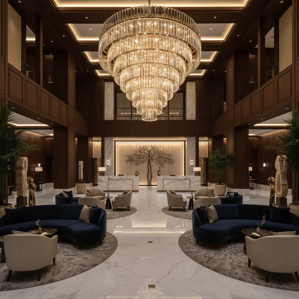 Luxurious hotel lobby with large tiered ceiling light blue curved sofas and white marble floor