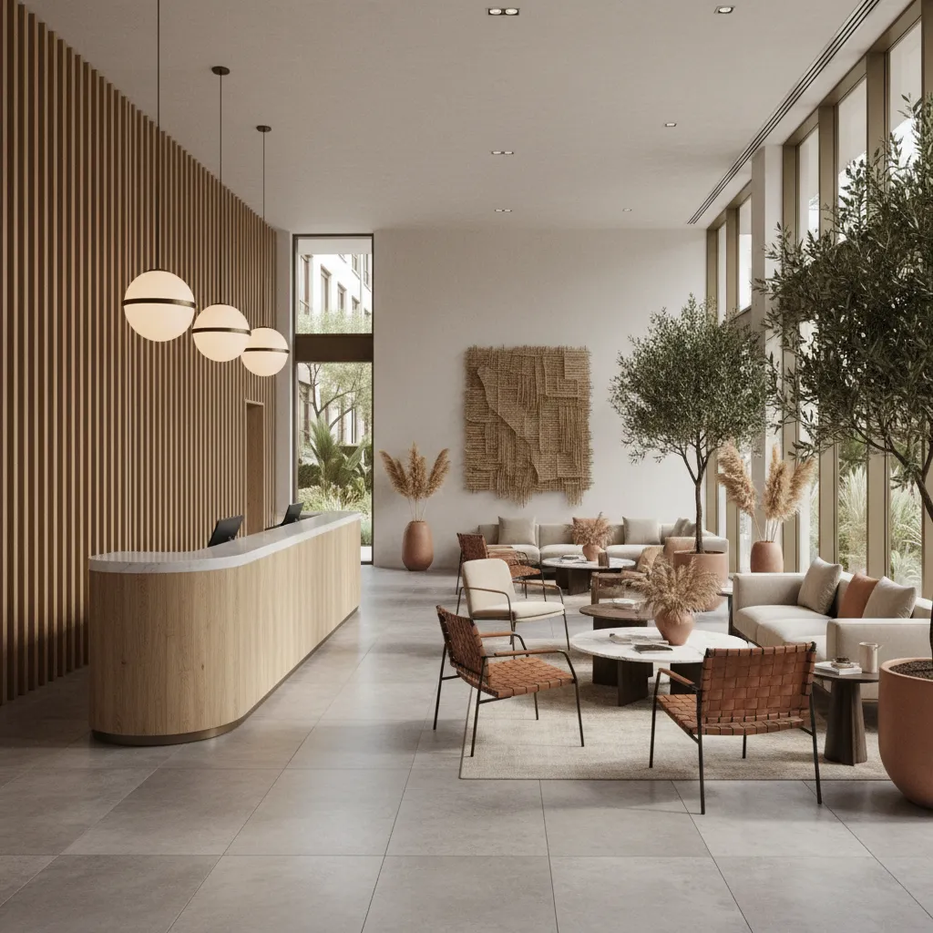 Modern hotel reception with curved wooden desk, round ceiling lights, indoor trees, and lounge furniture
