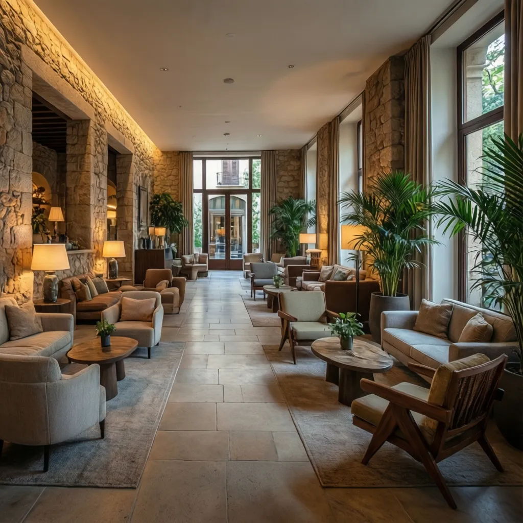 Lobby de hotel boutique con diseño moderno y materiales naturales