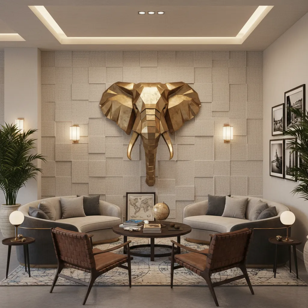 Boutique hotel lobby with decorative elephant head wall sculpture