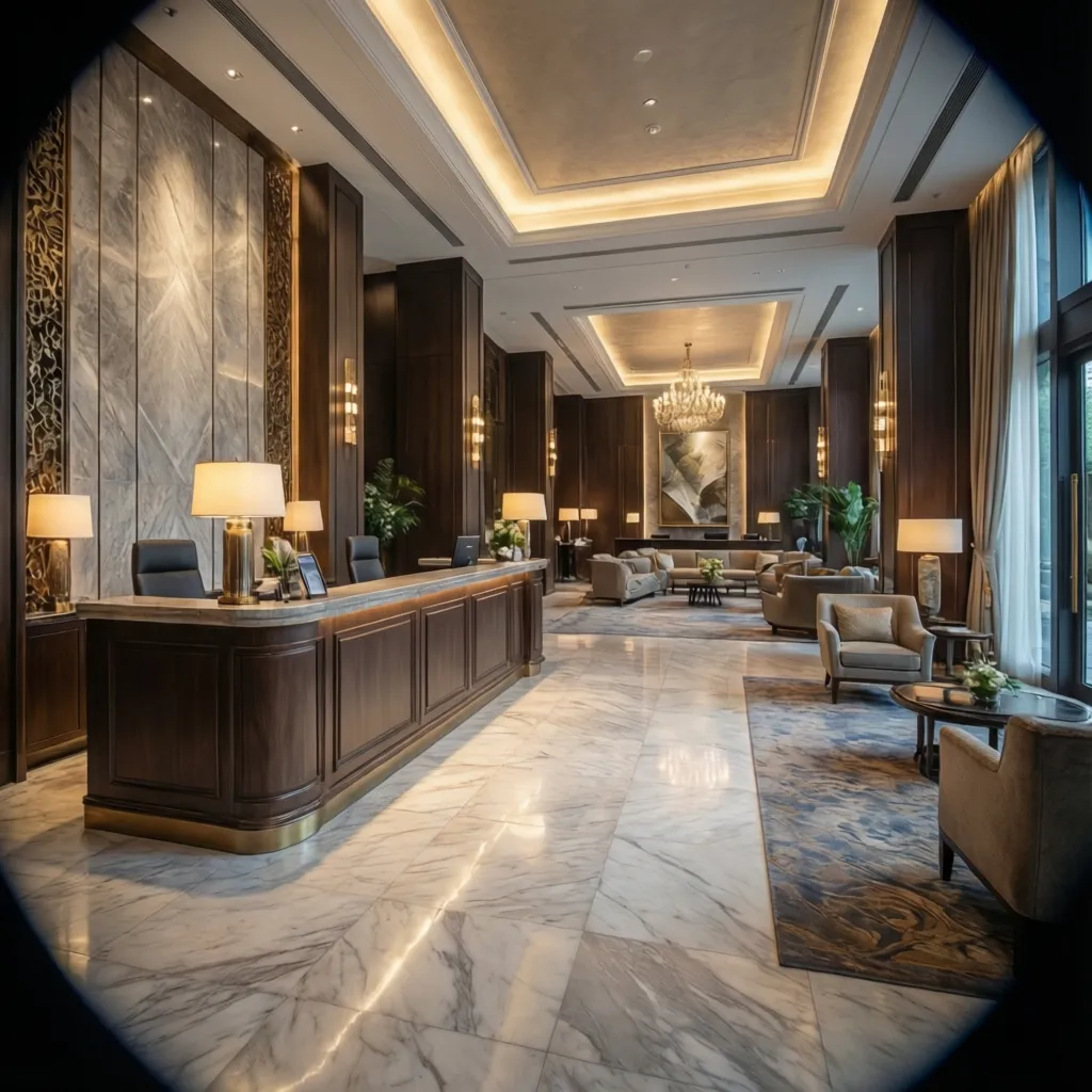 Lobby de hotel diseñado para crear experiencia de marca
