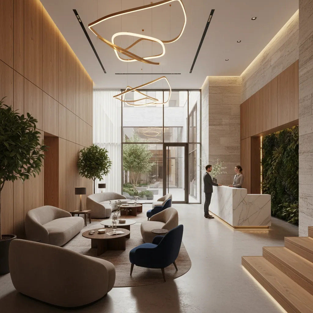 Lobby de hotel contemporáneo con áreas de descanso y circulación clara