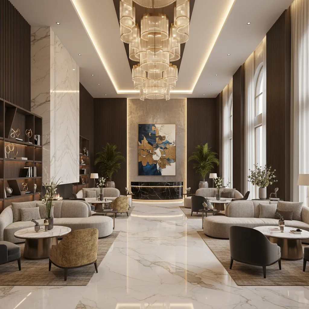 Luxury hotel lobby with large ceiling light, marble floor, comfortable sofas, armchairs, and green plants