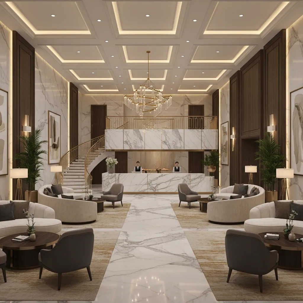 Luxury hotel lobby interior with seating lounge and warm lighting