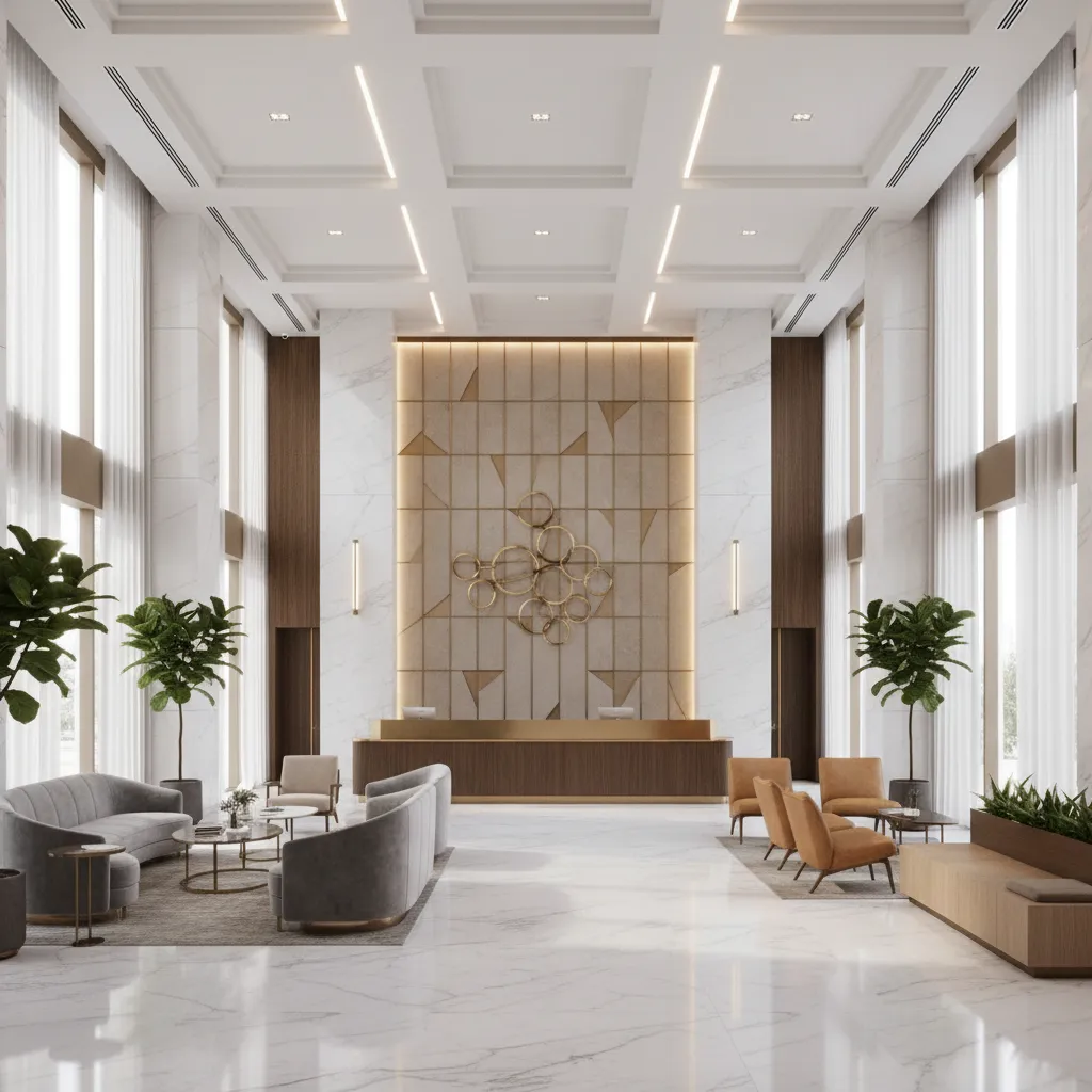 modern hotel lobby with reception desk and waiting seating