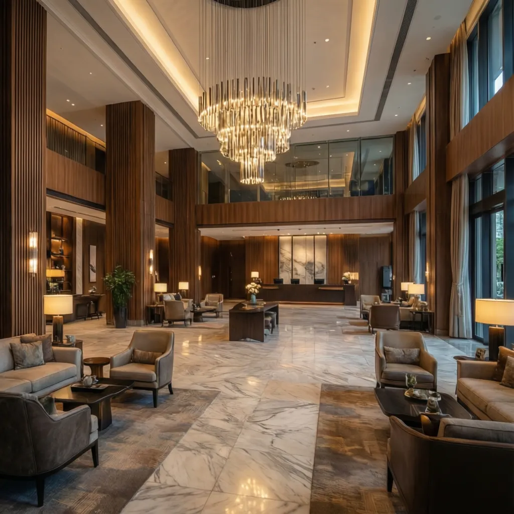 Elegant hotel lobby with high ceiling tall windows wooden wall panels marble floor and furniture