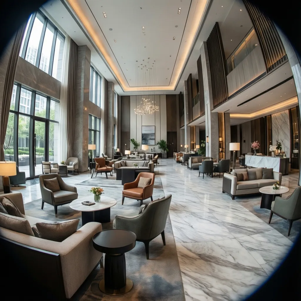 Lobby de hotel moderno con área de descanso y diseño elegante