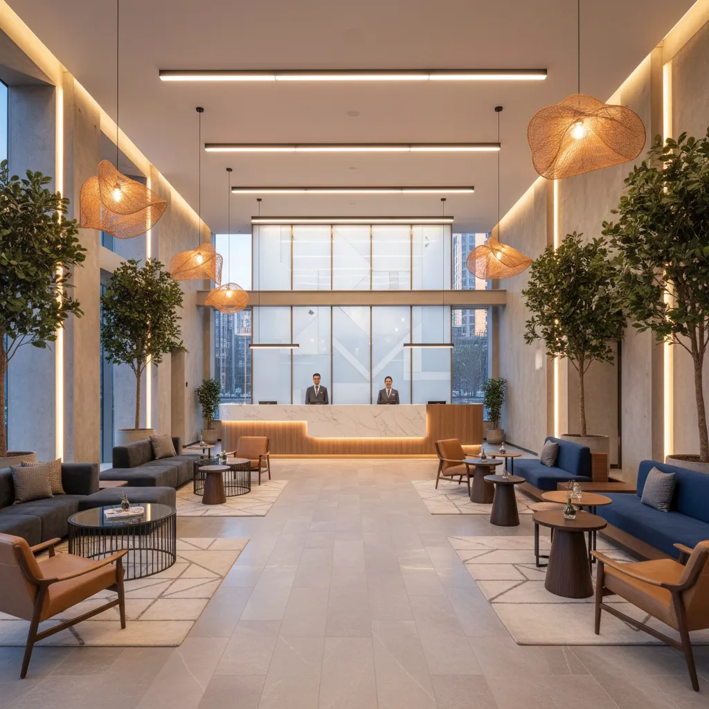 Lobby de hotel con zonas de descanso y recepción bien organizada