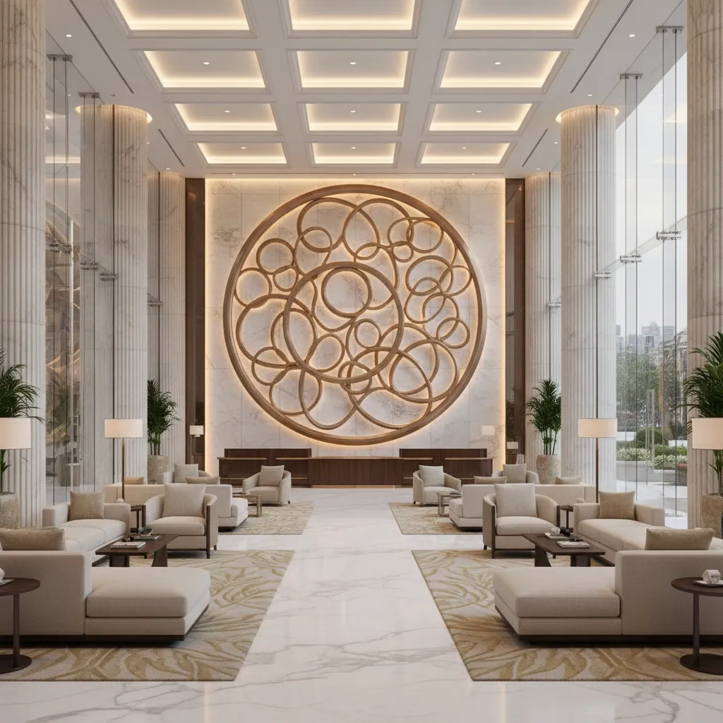 Hotel lobby featuring oversized circular wall art installation behind reception