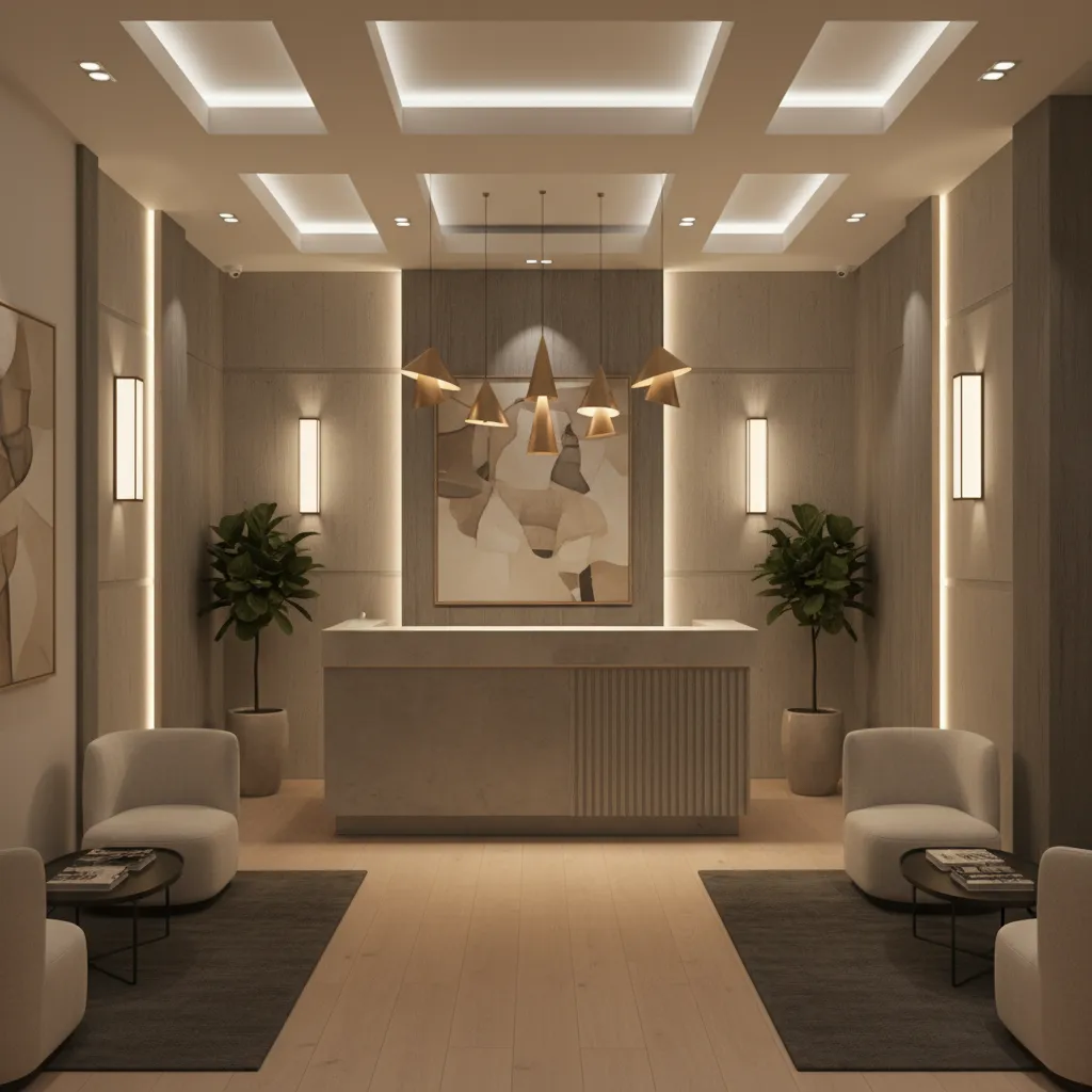 small hotel lobby with layered lighting including wall sconces and pendant lights