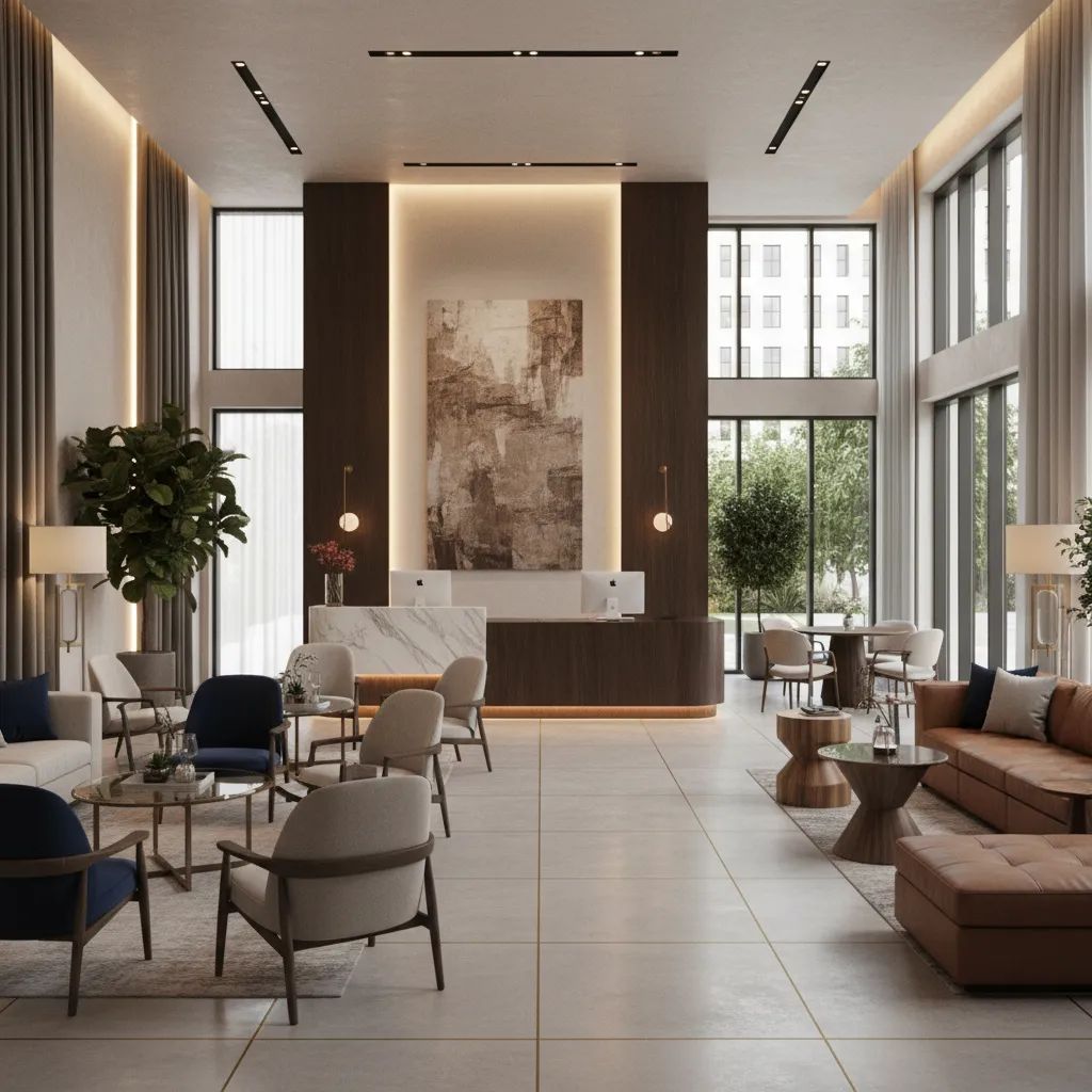 Distribución de lobby de hotel con recepción, zonas de espera y circulación clara