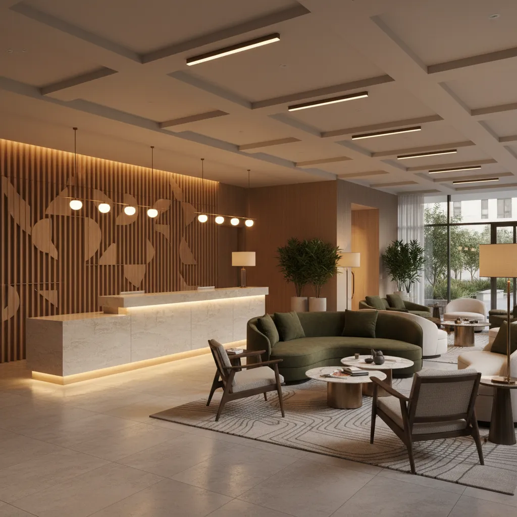 Hotel lobby with marble desk green sofa wooden wall panels carpet and warm ceiling lights