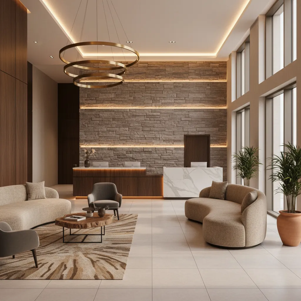 Distribución de lobby de hotel con zona de recepción y área lounge