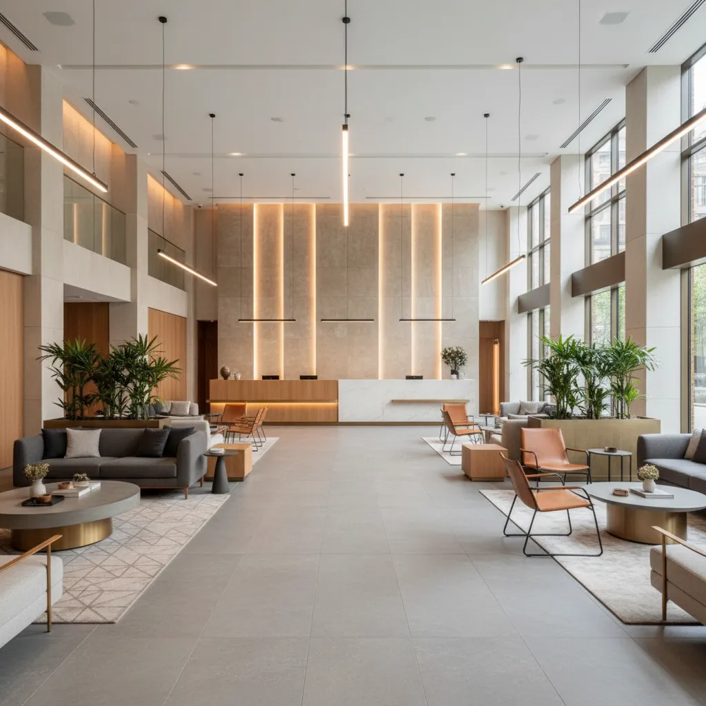 Bright modern hotel lobby with wooden reception desk grey sofas tan chairs and hanging lights