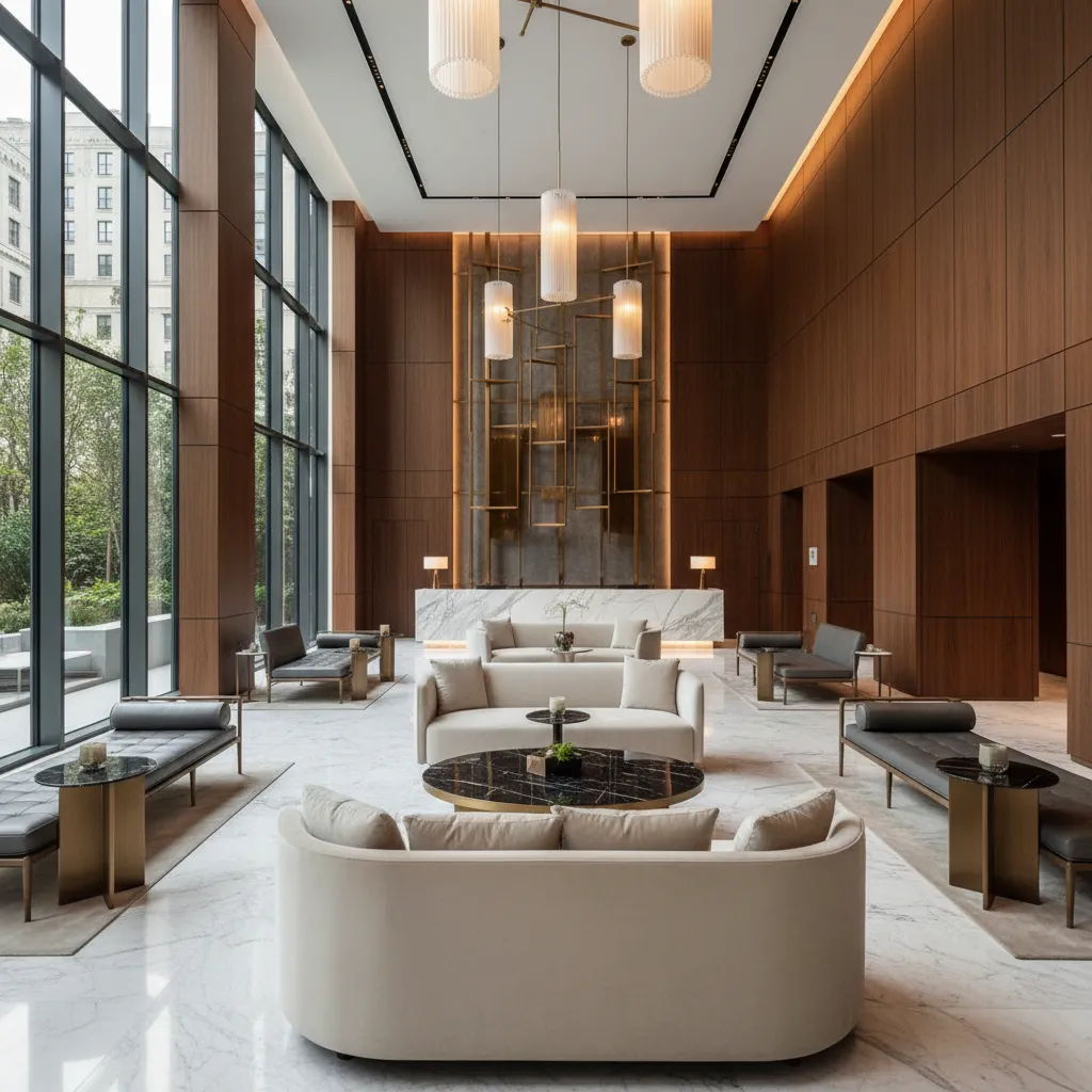 Diseño de lobby de hotel moderno con zonas de descanso y circulación clara