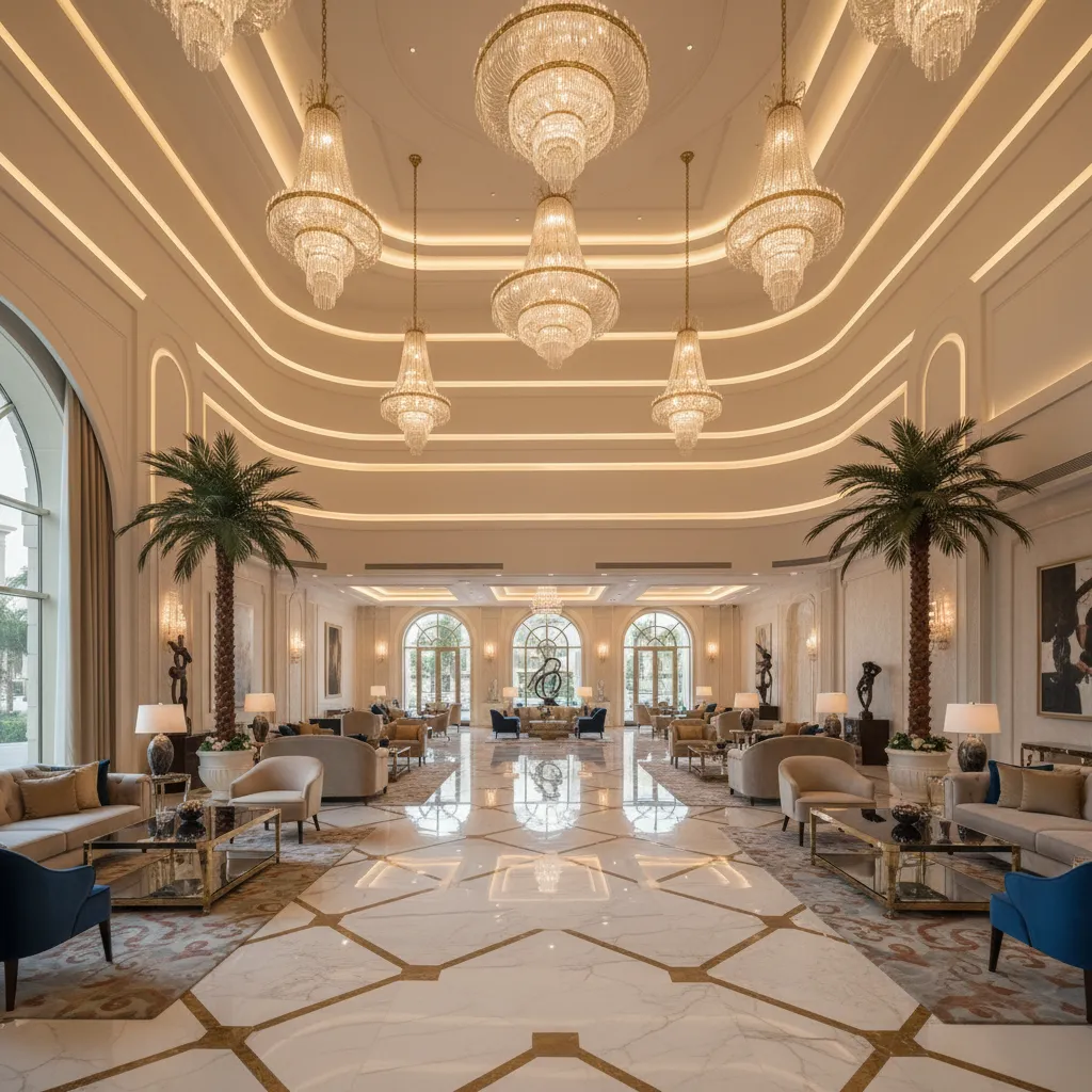 luxury hotel lobby in Dubai with layered architectural lighting design