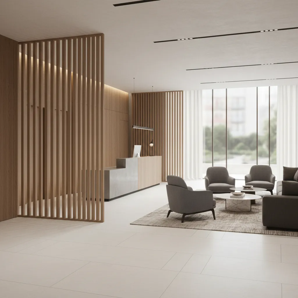 Hotel lobby layout using wood screen partition to separate entrance and seating area