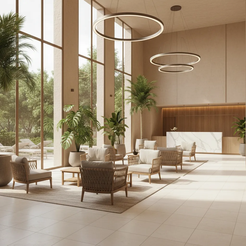 Hotel lobby with patio lounge chairs and indoor plants