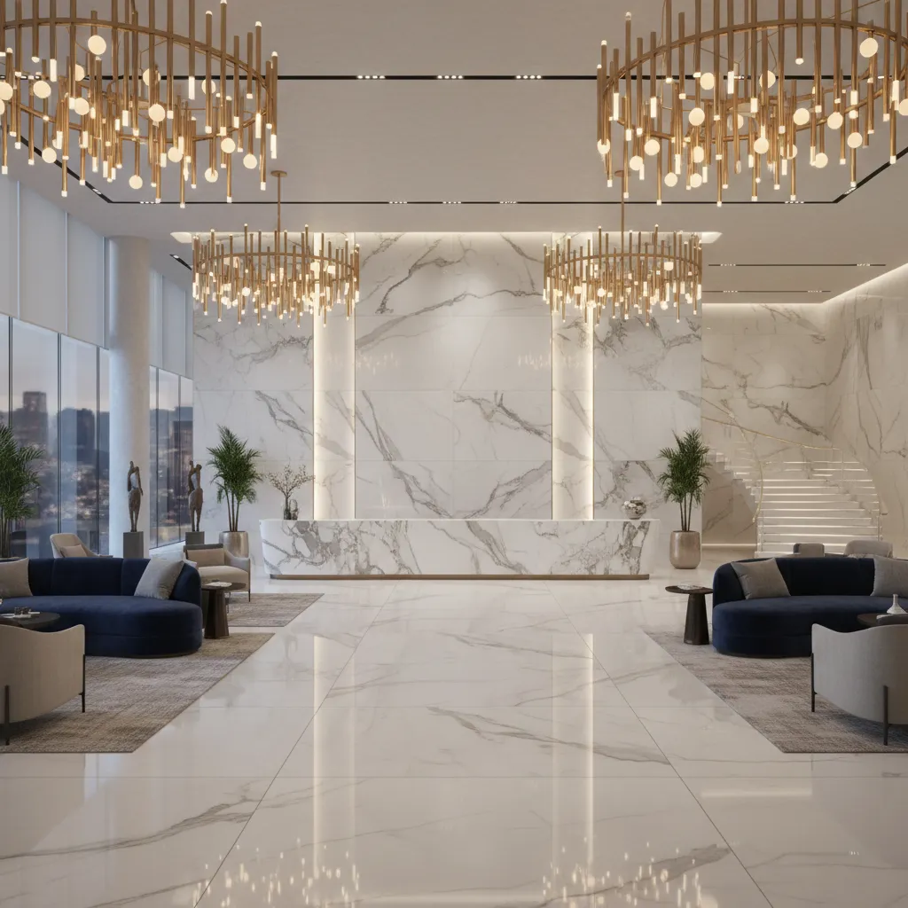 Luxury hotel lobby with continuous large slab tile flooring