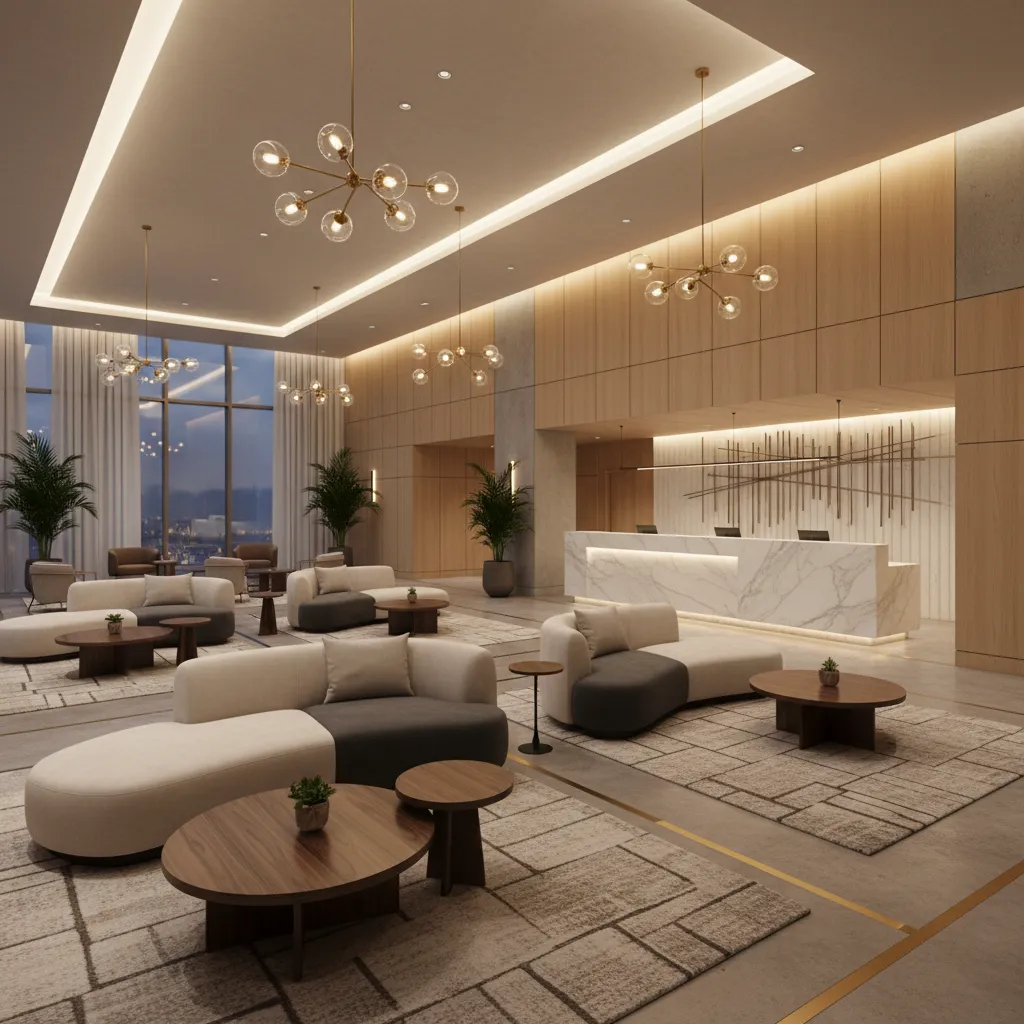 Lobby de hotel diseñado como espacio social con zona lounge