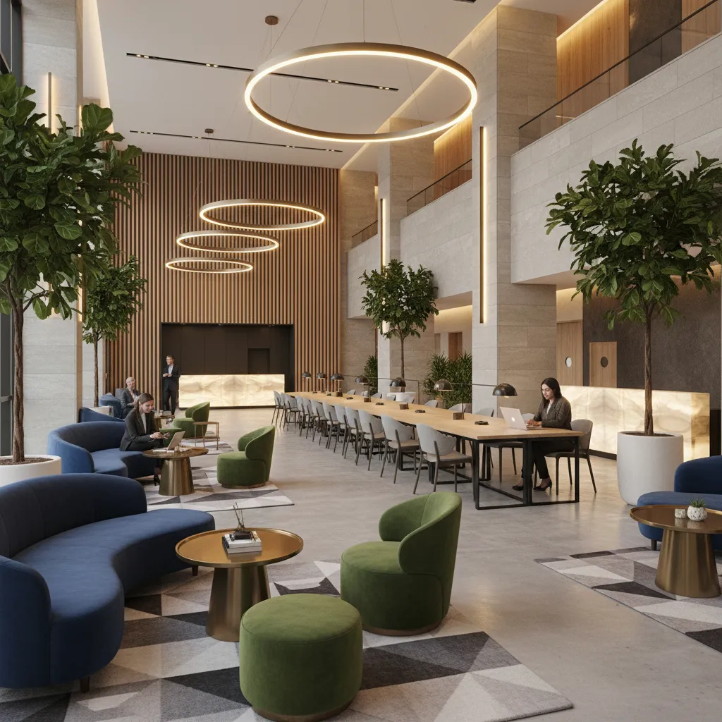 Lobby de hotel con zonas lounge y espacios sociales