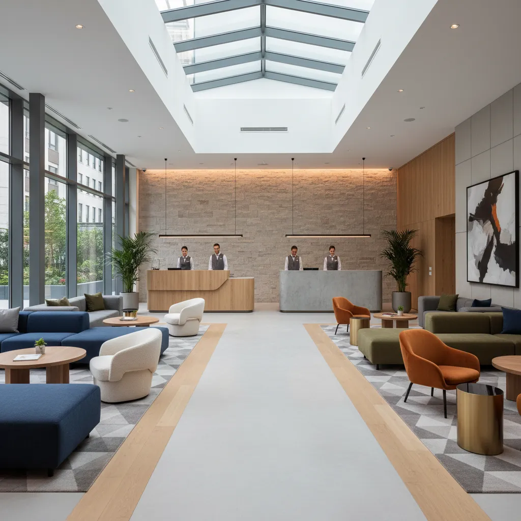 Espacio de lobby hotelero mostrando circulación y áreas de recepción