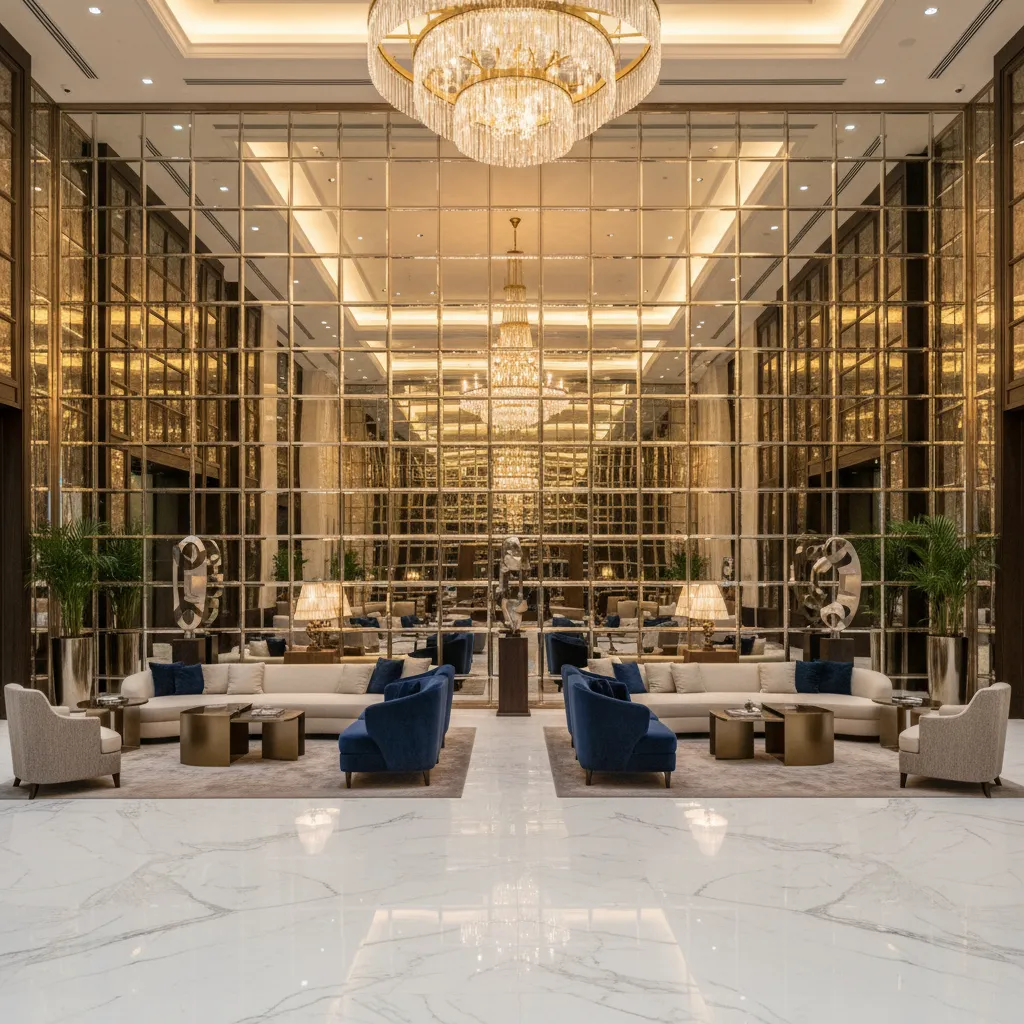 Luxury hotel lobby featuring a large square mirror wall installation