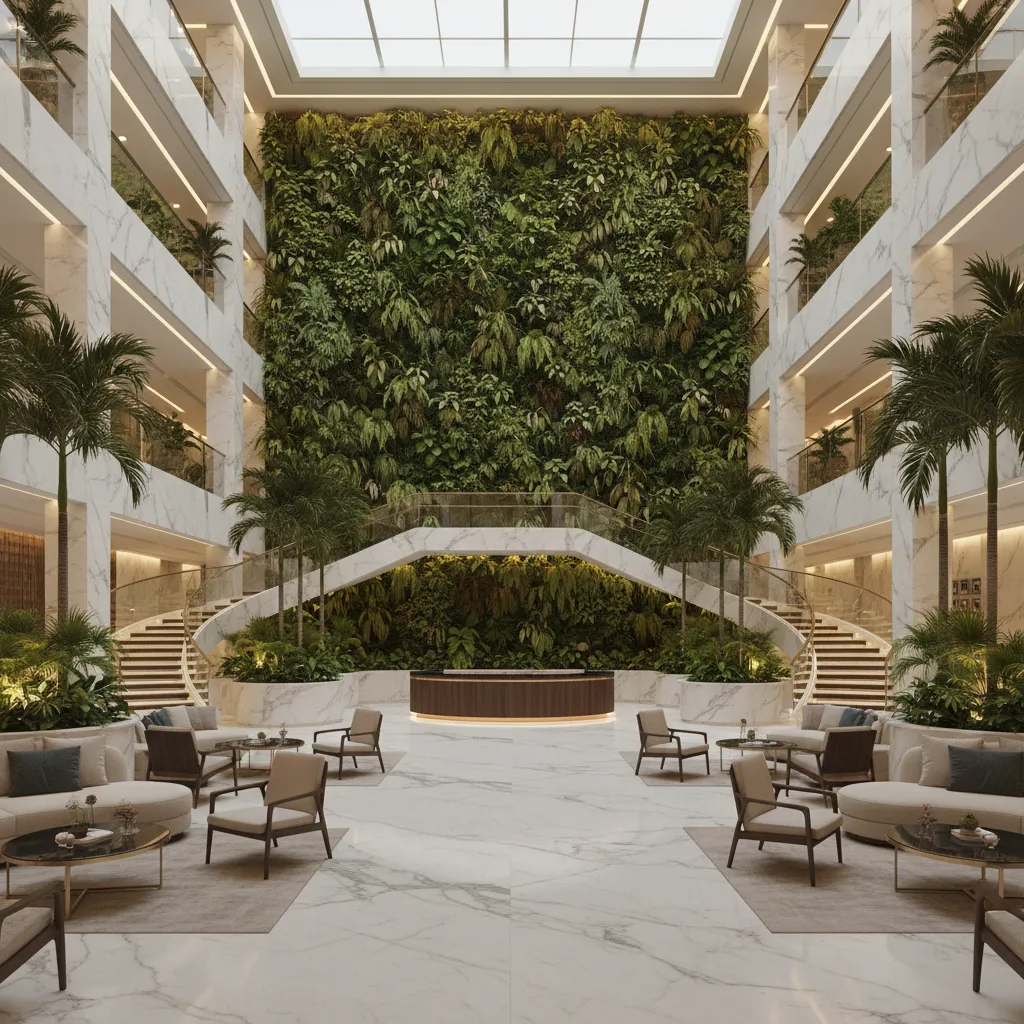 Luxury hotel lobby in Bangalore with large indoor vertical garden wall