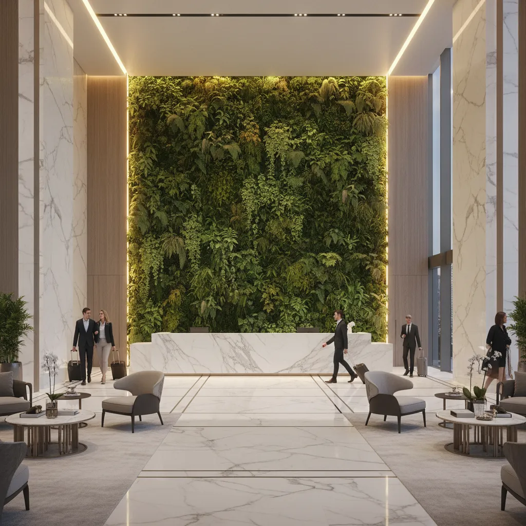 Luxury hotel lobby featuring a dramatic vertical indoor garden behind reception