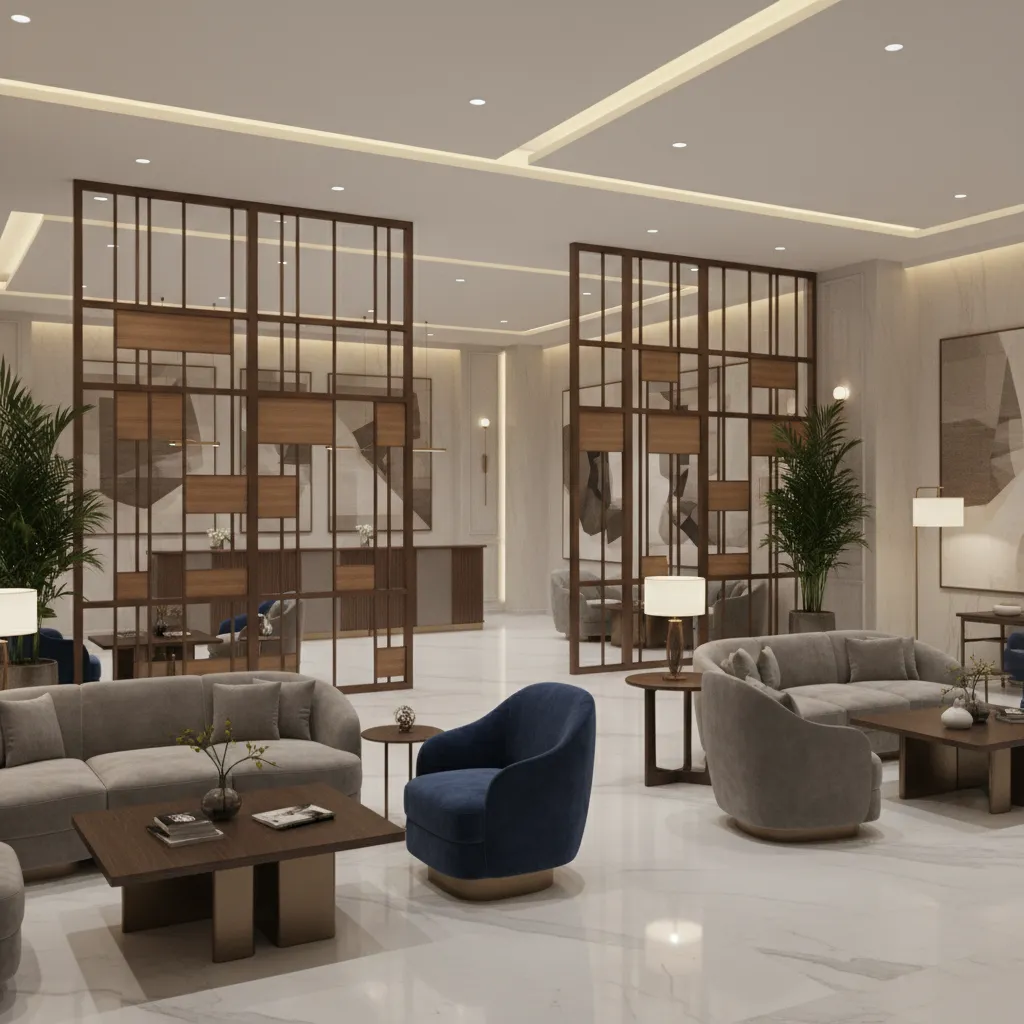 Decorative metal and wood divider separating hotel lounge and reception area