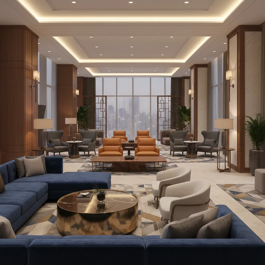 Hotel lounge seating zones showing layered layout design
